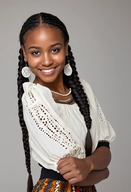 sdxl_lenruadi, studio portrait, smile, wearing a ivory eyelet peasant top with elastic sleeves, eyeliner, makeup, perfect fulani braid hair, under soft gel lighting, retro-futuristic tone with color blocking and vintage textures