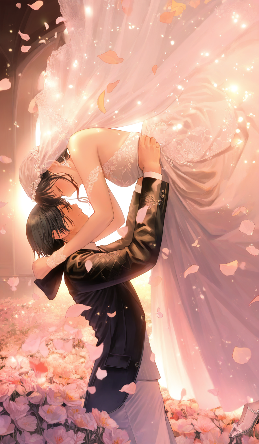 <lora:éµé£¼æ²æ¨¹-Style-000060:1>,highres,absurdres,newest,very awa,masterpiece,best quality,year 2024,
(upper body:1.6),
1girl, 1boy, dress, black hair, wedding dress, white dress, pants, petals, hetero, veil, couple, flower, short hair, looking at another, long hair, shoes, jacket, bridal veil, closed eyes, hood, jewelry, black jacket, smile, lifting person, white pants, standing, profile, bare shoulders, backlighting