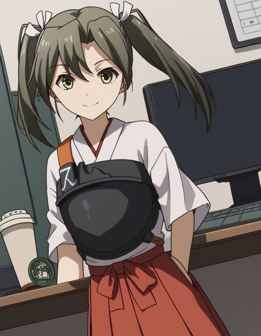 score_9, score_8_up, score_7_up, source_anime, <lora:kacolle-zuikaku-s1-ponyxl-lora-nochekaiser:1>, zuikaku, long hair, ribbon, twintails, green eyes, hair ribbon, zuikaku (kancolle), skirt, japanese clothes, muneate, red skirt, pleated skirt,, home office, working from home, computer screen, coffee cup, focus, deadline, , looking at viewer, smile, solo,, cowboy shot, dutch angle