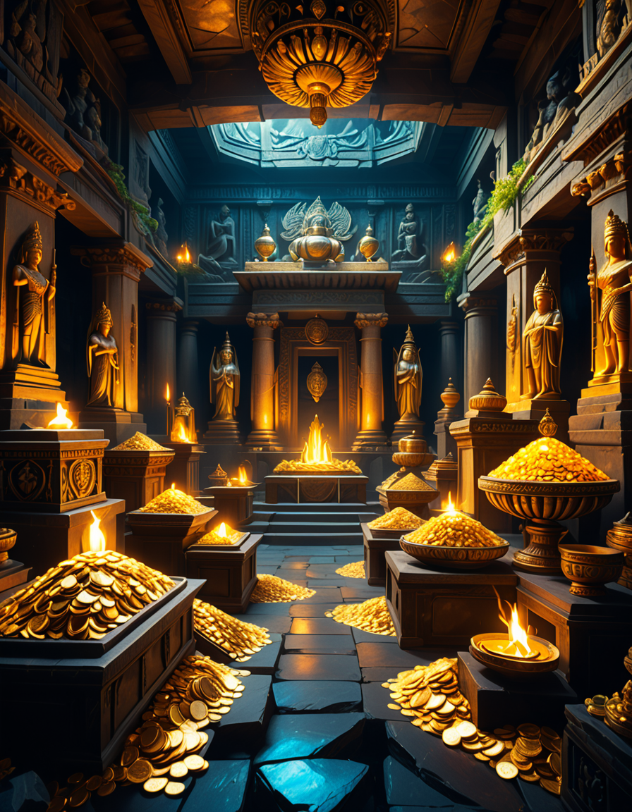 score_9, score_8_up, score_7_up,amazing quality, ultra realistic, 3D, HD, best quality, amazing quality, very aesthetic, absurdres
A hidden treasure chamber deep within an ancient temple, illuminated by the warm golden glow of torches and mystical blue light from enchanted crystals. The room is filled with piles of gold coins, jewel-encrusted goblets, and ancient artifacts covered in dust. Massive stone statues of forgotten deities guard the chamber, their eyes glowing faintly as if watching intruders. In the center, a grand pedestal holds a legendary artifactâan ornate golden crown encrusted with emeralds and sapphires, shimmering with an otherworldly aura. The walls are adorned with intricate carvings depicting lost civilizations, and creeping vines hint at centuries of abandonment. The atmosphere is mystical and slightly eerie, with a sense of both wonder and danger. The air is thick with the scent of aged parchment and burning incense, adding to the chamberâs ancient and mysterious feel. Cinematic lighting with dramatic shadows enhances the depth and richness of the scene, creating a visually stunning and immersive environment.
<lora:SDXLFaeTastic2400:0.4> <lora:extremely_detailed:0.4> extremely detailed,treasure ch4mb3r, <lora:treasure_ch4mb3r-p:1>