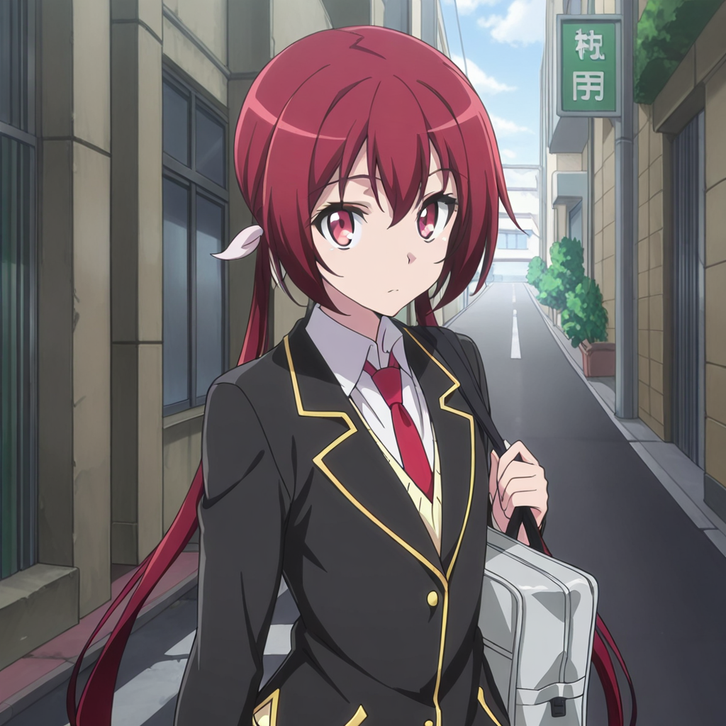 nsfw, masterpiece, best quality, 1girl, solo, jokamachi_no_danderaion_akane_sakurada, red hair, school uniform, twintails, long hair, necktie, red eyes, bag, low twintails, school bag, jacket, blazer,  looking at viewer, on street, <lora:Akane_Sakurada_-_Jokamachi_no_Danderaion_2:0.7>