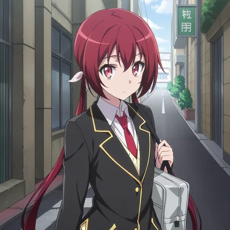 nsfw, masterpiece, best quality, 1girl, solo, jokamachi_no_danderaion_akane_sakurada, red hair, school uniform, twintails, long hair, necktie, red eyes, bag, low twintails, school bag, jacket, blazer, looking at viewer, on street, <lora:Akane_Sakurada_-_Jokamachi_no_Danderaion_2:0.7>