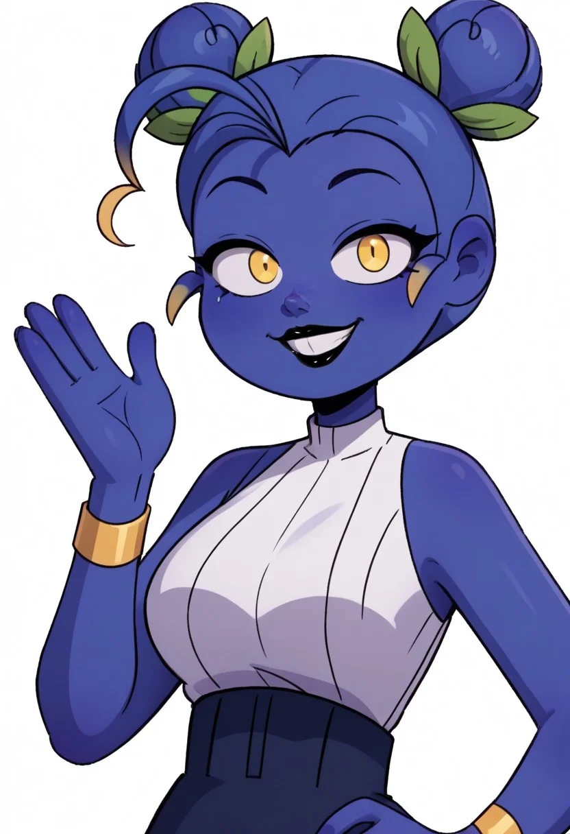 ((white background)),score_9, score_8_up, score_7_up,score_6_up, 
1girl, Solo, Zulmi_MT, blue skin, two high buns, green leaf hair accessory, blue hair, yellow eyes, black eyeshadow, black lipstick, white sleeveless blouse, dark blue skirt with blueberry patch, golden bracelets, long white socks, lavender slouchy boots, big eyes, tall stature, social smile, perfect eyes, perfect smile, looking at the viewer, big breasts, detailed eyes, perfect eyes, cute, standing, (front pose, bust shot, close up to face, face portrait:1) 5 fingers, perfect hands, (hand up, hand on hip)