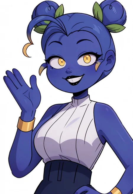 ((white background)),score_9, score_8_up, score_7_up,score_6_up,
1girl, Solo, Zulmi_MT, blue skin, two high buns, green leaf hair accessory, blue hair, yellow eyes, black eyeshadow, black lipstick, white sleeveless blouse, dark blue skirt with blueberry patch, golden bracelets, long white socks, lavender slouchy boots, big eyes, tall stature, social smile, perfect eyes, perfect smile, looking at the viewer, big breasts, detailed eyes, perfect eyes, cute, standing, (front pose, bust shot, close up to face, face portrait:1) 5 fingers, perfect hands, (hand up, hand on hip)