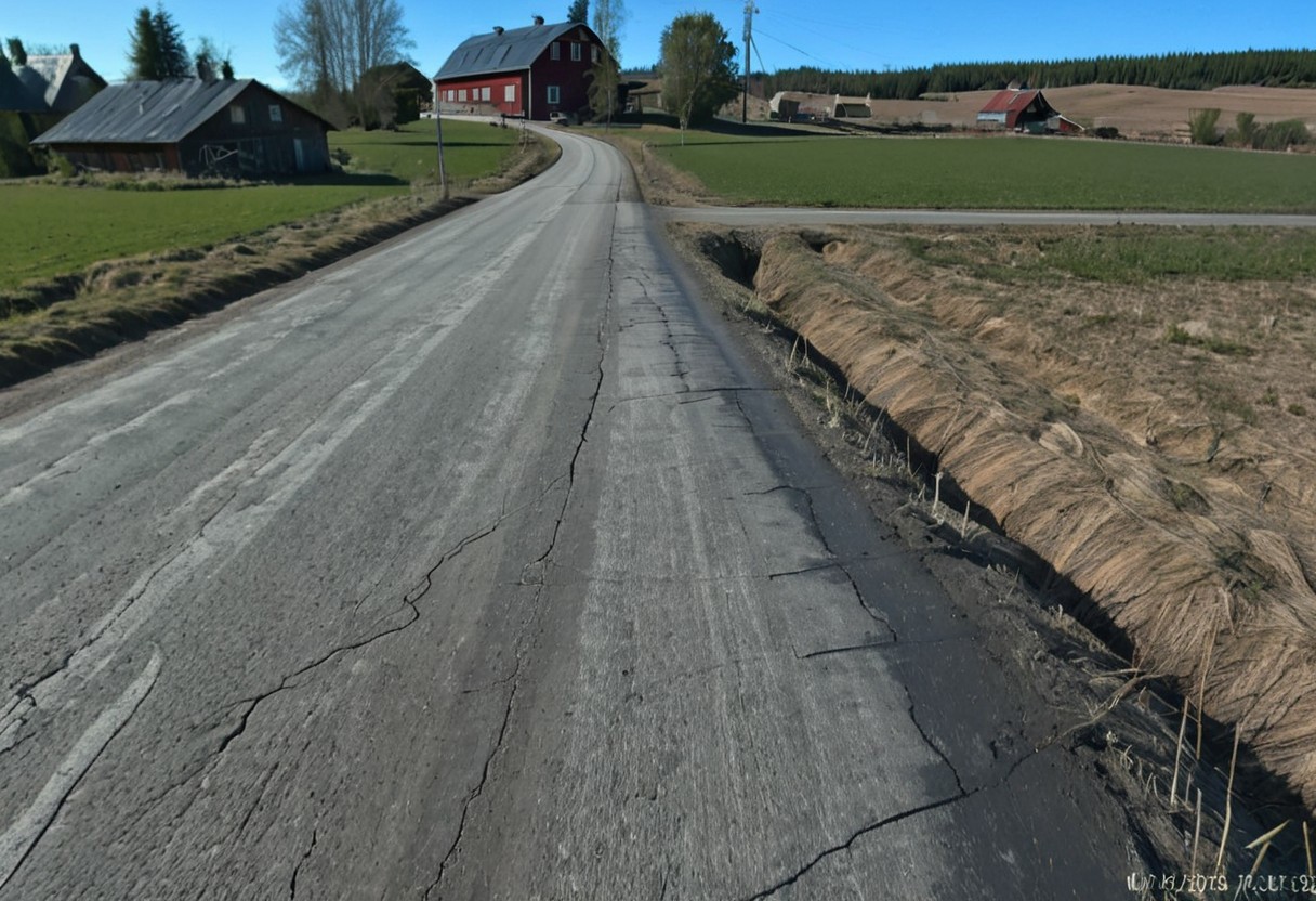 randshadscree, no humans, outdoors, scenery, tree, sky, day, blue sky, road, grass, building, power lines, house
this is a photograph of a rural scene featuring a weathered farmhouse on a clear, sunny day. the image is taken from a slightly elevated perspective, looking down a narrow, winding road that runs from the left side of the frame towards the farmhouse. the road is asphalt and has a worn, textured surface with some cracks and a faded white line., watermark, timestamp, date, no humans, outdoors, scenery