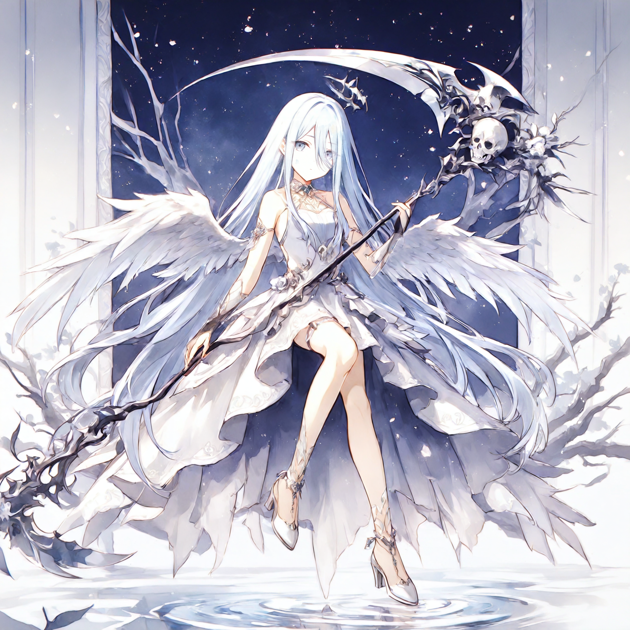 1girl, yoisaki kanade, project sekai, masterpiece, high score, great score, absurdres, (watercolor \(medium\):1.6), 
blancheaile, very long hair, white hair, white eyes, (hair over one eye:1.2), four fingers and thumb, expressionless, 
(white scythe:1.2), sitting on tree branch, looking at viewer, holding scythe, white skin, outstretched wings,  BREAK
white dress, large white wings, low wings, angel wings, feathered wings, bridal gauntlets, sleeveless, white footwear, jewelry, bare shoulders, sleeveless dress, anklet,  gloves, high heels,  
monochrome, haze, water, branch, skeleton, born, ripples, reflection, plant, trees, 
 <lora:sdxl-25-BlancheAile01:0.9>,  <lora:XL_Weapon_Scythe_-_By_HailoKnight_V2:1>