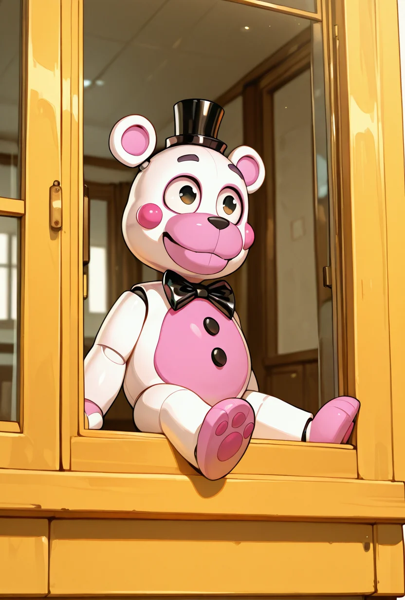 <lora:helpi-10:1> helpi, solo, top hat, bowtie, animal ears, mini hat, furry, pink belly. teddy, animatronic, robot, toy <lora:Detailer_NoobAI_Incrs_v1:1> detailed, sitting on window frame, looking outside, masterpiece, best quality, amazing quality, very aesthetic, absurdres, newest,