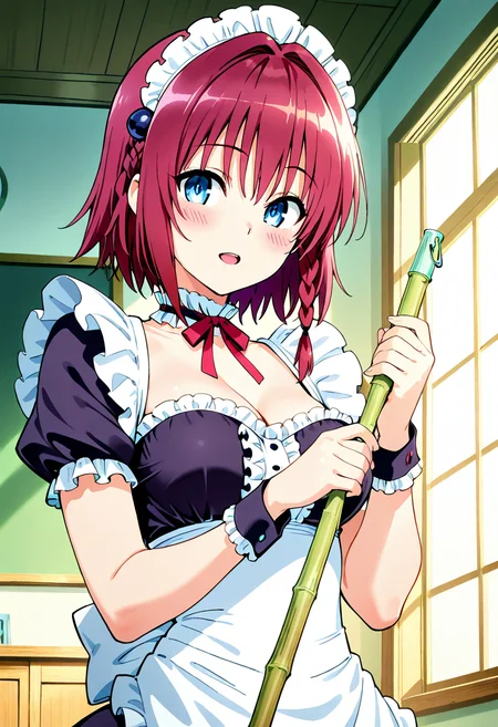 masterpiece, best quality, 1girl, solo, blush, short hair, blue eyes, hair ornament, cleavage, medium breasts, braid, red hair, maid, maid headdress, broom, breasts, looking at viewer, open mouth, holding, upper body, short sleeves, frills, choker, indoors, :o, wrist cuffs, single braid, side braid, smile, looking at viewer, ,<lora:ToLoveRu_Style_NAI:1.0>,