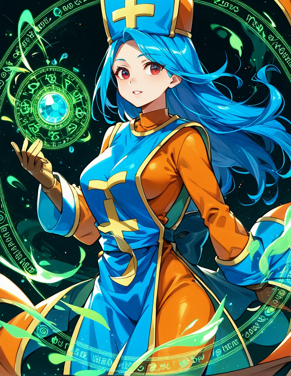 1girl,solo,<lora:priest(dq3)_pony:1>,priest(dq3),blue hair,red eyes,
bodysuit,orange bodysuit,tabard,mitre,magic,green magic circle,emerald,, score_9,score_8_up,score_7_up,score_6_up,score_5_up,score_4_up,