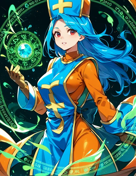 1girl,solo,<lora:priest(dq3)_pony:1>,priest(dq3),blue hair,red eyes,
bodysuit,orange bodysuit,tabard,mitre,magic,green magic circle,emerald,, score_9,score_8_up,score_7_up,score_6_up,score_5_up,score_4_up,