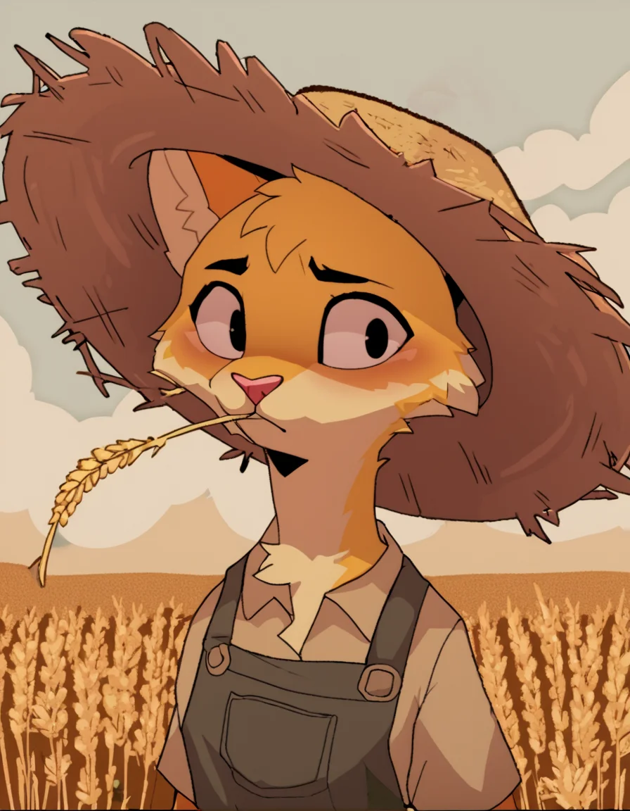 source_furry, yellow furred cat in a farmer's outfit, straw hat, straw in mouth, relaxed eyes, wheat fields in background, <lora:Azoomer_Style:1>
