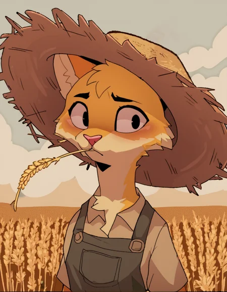 source_furry,  yellow furred cat in a farmer's outfit, straw hat, straw in mouth, relaxed eyes, wheat fields in background,  <lora:Azoomer_Style:1>