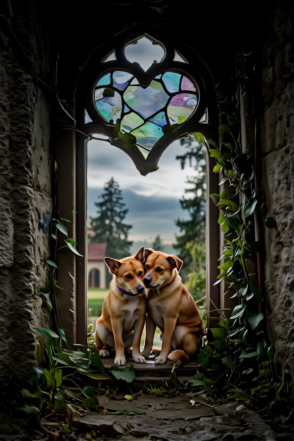 Beneath the shadow of a crumbling, abandoned cathedral, where vines creep over stone and rain pours relentlessly, two stray dogs find refuge inside the hollow of a fallen, heart-shaped stained-glass window. The shards still glimmer faintly in the dim light, casting soft, colorful reflections onto their damp fur. Their bodies curl together for warmth, eyes half-closed as the storm rages outside, turning the once-sacred space into a sanctuary of survival and companionship.
<lora:ethereal-romantic-glow-flux:1> <lora:paws-and-hearts-flux:1>