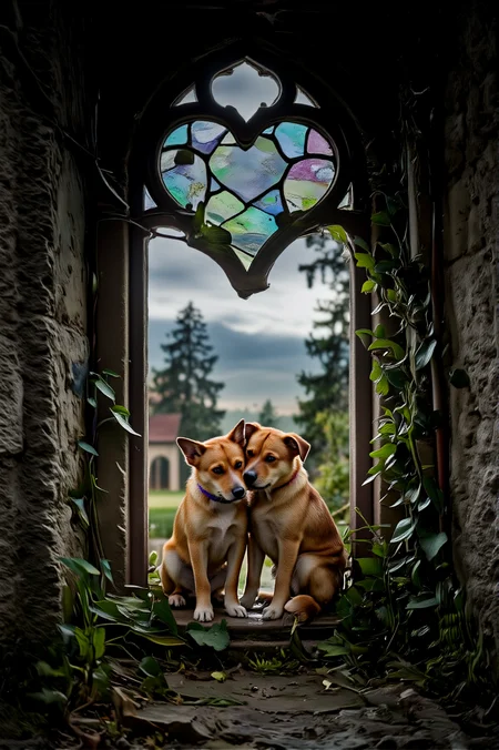 Beneath the shadow of a crumbling, abandoned cathedral, where vines creep over stone and rain pours relentlessly, two stray dogs find refuge inside the hollow of a fallen, heart-shaped stained-glass window. The shards still glimmer faintly in the dim light, casting soft, colorful reflections onto their damp fur. Their bodies curl together for warmth, eyes half-closed as the storm rages outside, turning the once-sacred space into a sanctuary of survival and companionship.
<lora:ethereal-romantic-glow-flux:1> <lora:paws-and-hearts-flux:1>