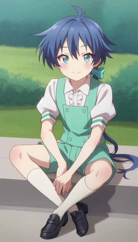 score_9,score_8_up,masterpiece,best quality,correct anatomy,anime_source,1boy,solo,perfect eyes,perfect arms,perfect legs,perfect face,outdoors,upper body,(portrait:1.5),looking at viewer,facing viewer,smile,blush,aged down,(petite:1.5),Lloyd de Saloum,ahoge,long hair,blue hair,low ponytail,hair bow,hair between eyes,bangs,blue eyes,green vest,white shirt,collared shirt,puffy short sleeves,green shorts,white socks,loafers,black footwear,<lora:Lloyd de Saloum(tsdnod)-Pony:1.6>,