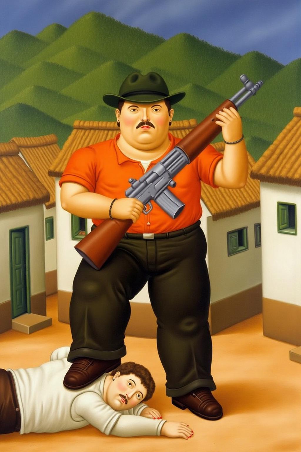 fernandobotero1 painting.
A man with a mustache and a dark green hat stands in front of a village. He is dressed in a bright orange short-sleeved shirt, dark trousers, and brown shoes, holding a large machine gun over his shoulder. He is standing with one foot over the body of a man lying on the ground.
 <lora:fernandobotero1_cap_d6a3e7:1.0><lora:840274136581341577:0>