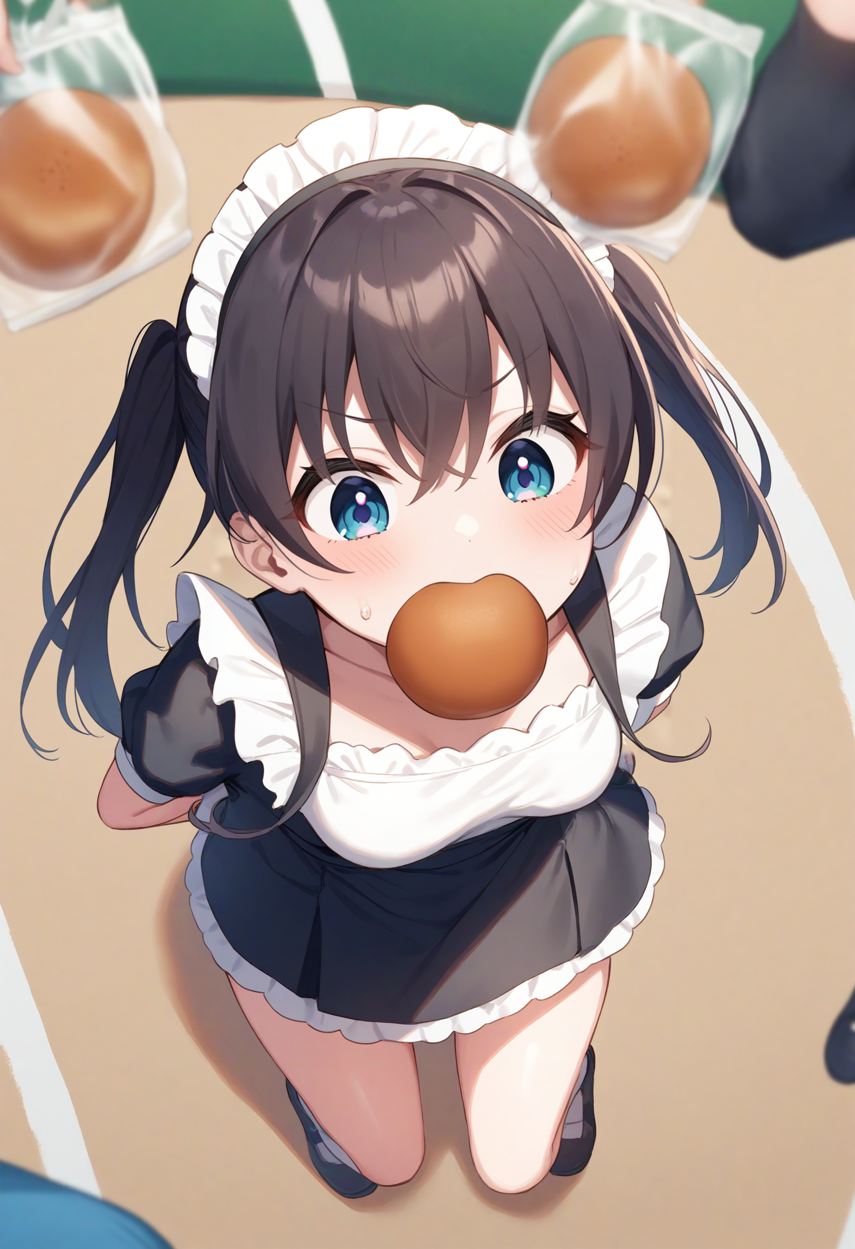 1girl,sincos, ningen mame, toosaka asagi,solo,medium breasts,20yo,maid,maid headdress,
bread eating race,sports festival,bread,arms behind back,<lora:breadeatingrace_XL_v1:0.8>
open mouth, bouncing breasts, plastic bag,
from above, panorama shot, looking down, purple hair, silver eyes,kubrick stare, closed mouth, multi-tied hair,,
best quality, very aesthetic, absurdres