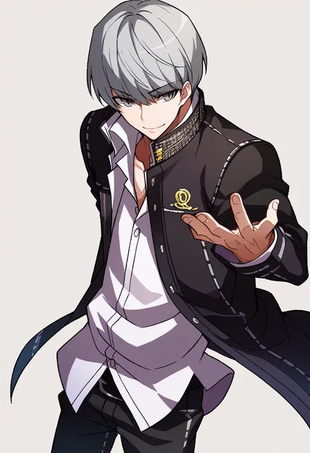 score_9, score_8_up, score_7_up, source_anime, BREAK, solo, 1boy, smirk, <lora:Under-Night-In-Birth-Portraits-pdxl_Fp:1>, simple background, looking to the side, <lora:persona4_yunarukami_ponyXL:1>, narukami yu, grey hair, grey eyes, school uniform, black jacket, open jacket, long sleeves, white shirt, collared shirt, black pants,