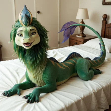 score_9, score_8_up, score_7_up, score_6_up, score_5_up, score_4_up, masterpiece, high quality, realistic, detailed, best quality, white bed, solo, rating_safe, source_furry, bedroom, smiling, open mouth smile, happy, detailed eyes, detailed face, looking at viewer, lying on belly, feral, pengu_ratld, eastern dragon, dragon, tail, claws, horn, green fur, green hair, back dorsal fins, long body, male, legs, quadruped, 1boy, feral