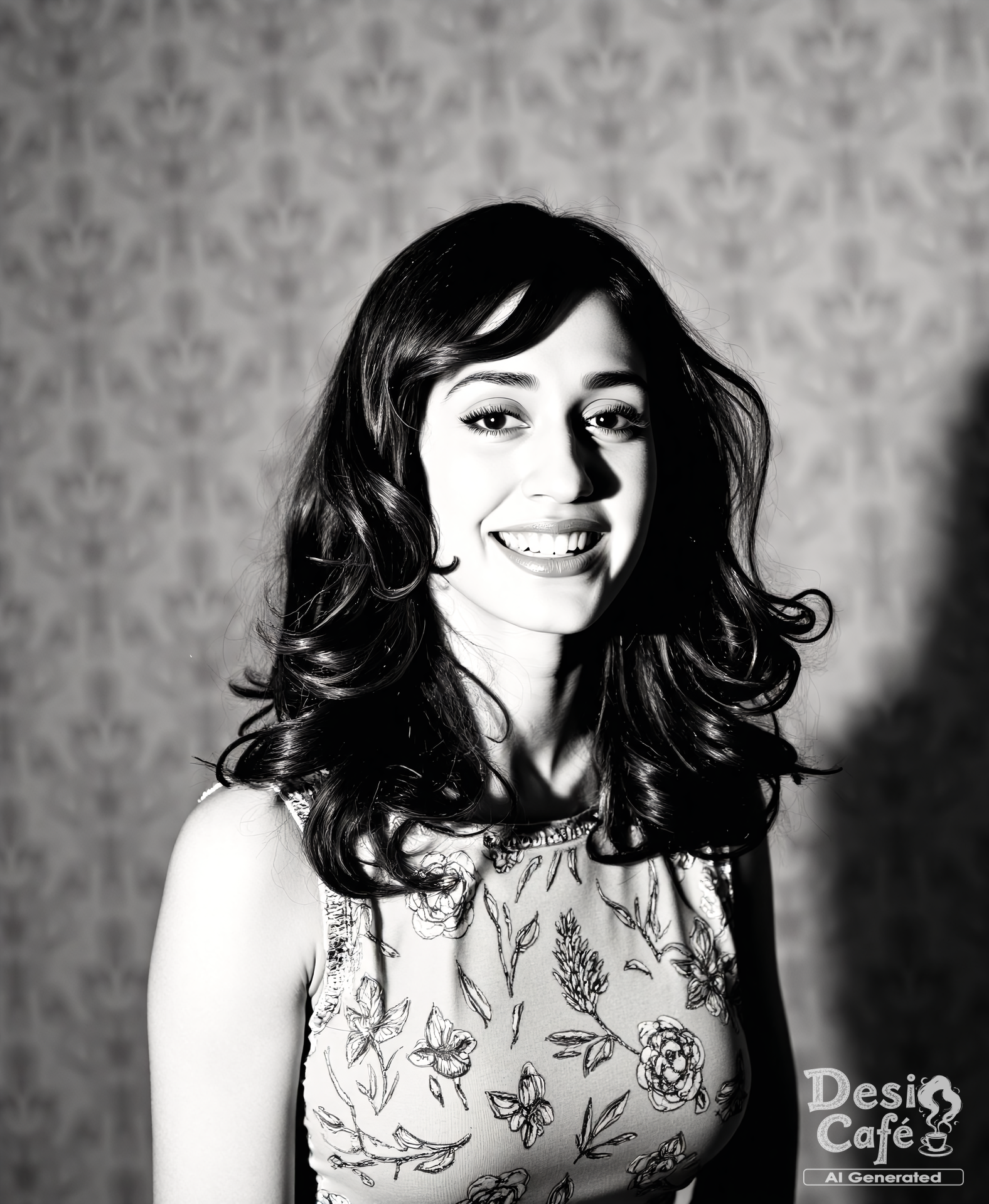 vintage still from black and white noir film photo of Disha Patani woman, hyper realistic photo that is safe for work, laughing, studio quality image, well dressed wearing intricate sleevelesssweatshirt, hair styled as bangs,muted shaded wallpaper background that contrasts with the person, cinematic lighting,âââââ  <lora:Disha_Patani_Flux_Kohya_V1:1> disha pataniâââ