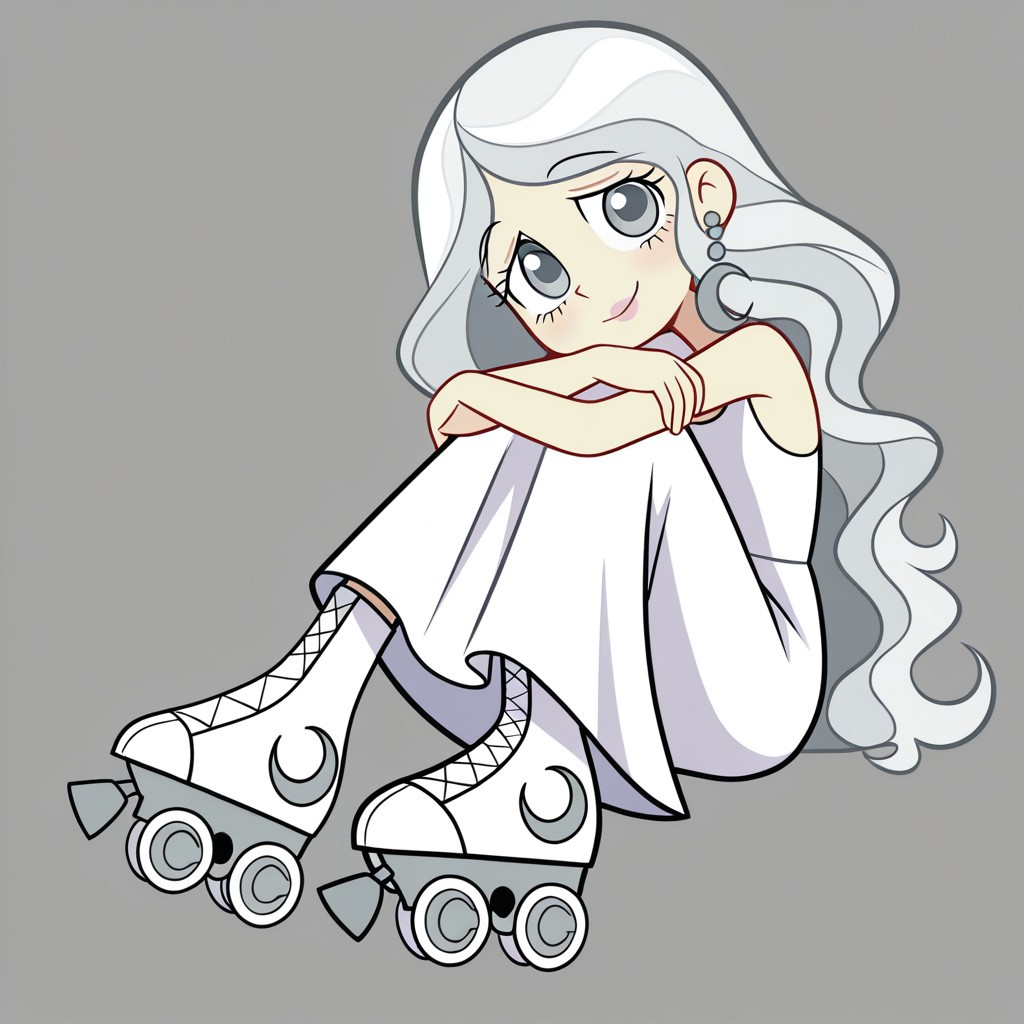 masterpiece, best quality, amazing quality, 
perfect cute face, on model, accurate art style, cartoon screencap, show accurate, moonmwatgg, 1girl, solo, white hair, long hair, wavy hair, gray eyes, light pink lipstick, crescent moon earrings, white sleeveless dress, long dress, white roller skates, full body, smile, looking at viewer, sitting, hugging knees, simple background