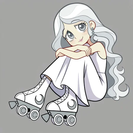 masterpiece, best quality, amazing quality,
perfect cute face, on model, accurate art style, cartoon screencap, show accurate, moonmwatgg, 1girl, solo, white hair, long hair, wavy hair, gray eyes, light pink lipstick, crescent moon earrings, white sleeveless dress, long dress, white roller skates, full body, smile, looking at viewer, sitting, hugging knees, simple background