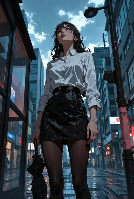 Image is a high resolution, anime style, close up artwork featuring a beautiful female businesswoman. She's standing in the rain looking up into the storm clouds. Rain is pouring down. Its set in the middle of urban Tokyo. She's standing next to a bus stop. She's wearing a black miniskirt with a white button down shirt and black pantyhose. In on hand she's carrying an umbrella. <lora:AnimeartFLUX v1.3:0.75> <lora:RM_Illustrify_v1.0MFLUX:0.6> <lora:realanime:0.75>