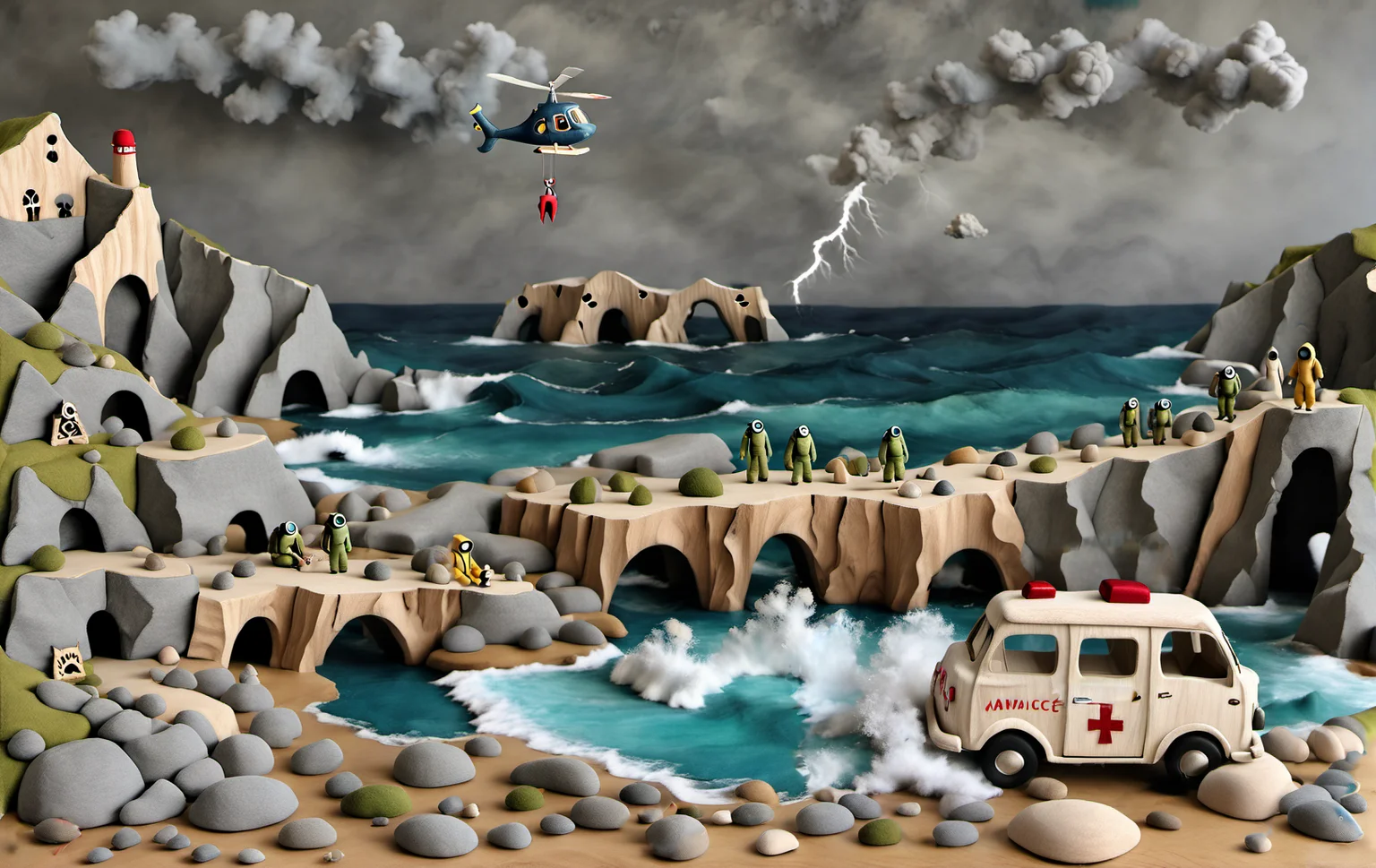 ((sc_toys)) <lora:toytown:0.9> apocalyptic vision , waves crashing around an abandoned ambulance