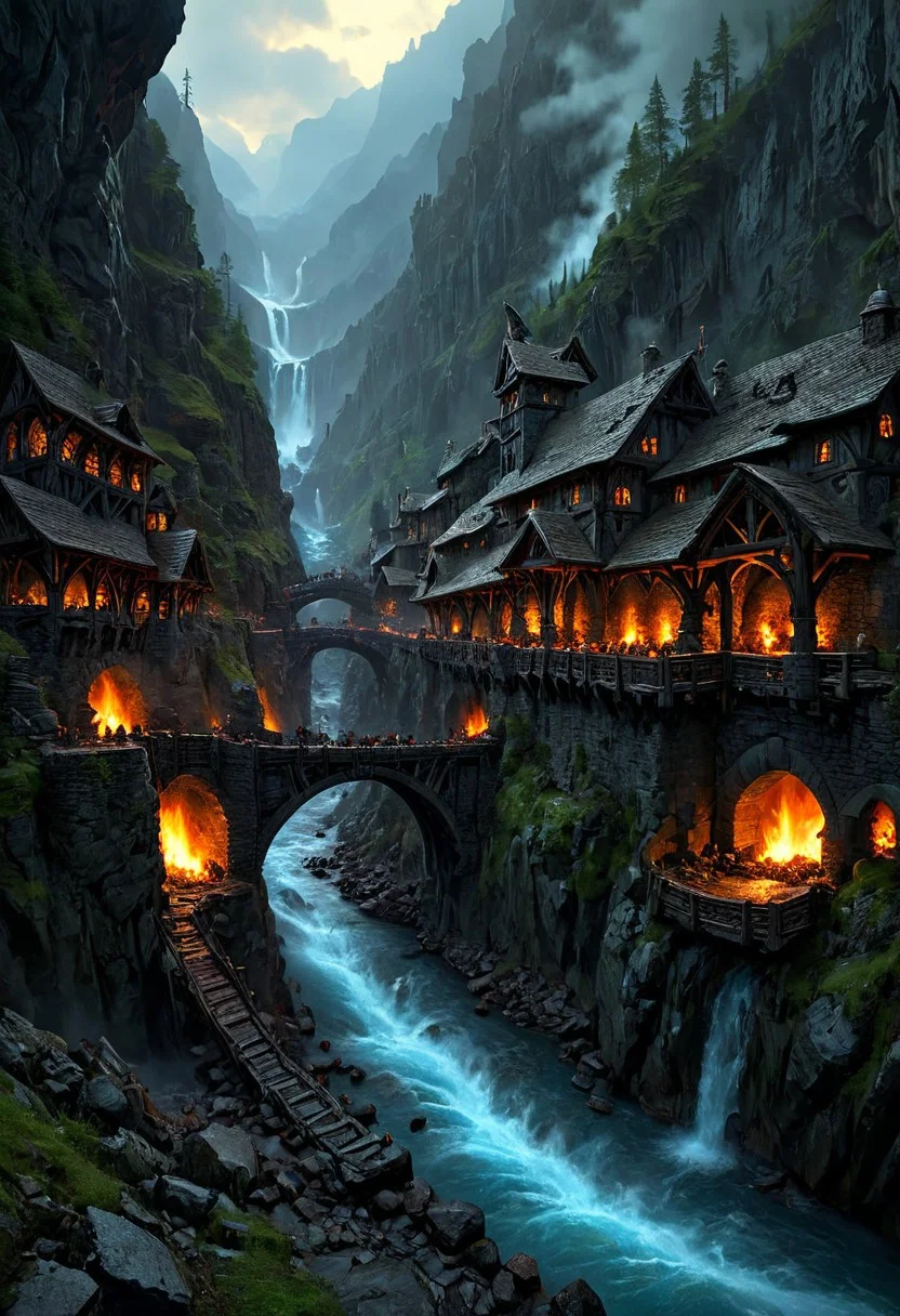 Best quality, masterpiece, 32k, UHD, high detailed,
The picture shows dwarven forges, which are crowded on the mountain slopes and the walls of the gorge. Arched stone bridges stretch between the forges. Long pipes stretch upward from the gorge, dozens of furnace lights burn with an ominous fire. A large water mill wheel slowly turns, driven by the current of the river at the bottom of the gorge. Gloomy sky, light rain.
cinematic, illustration, epic,