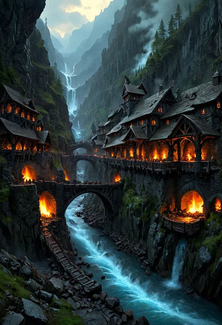 Best quality, masterpiece, 32k, UHD, high detailed,
The picture shows dwarven forges, which are crowded on the mountain slopes and the walls of the gorge. Arched stone bridges stretch between the forges. Long pipes stretch upward from the gorge, dozens of furnace lights burn with an ominous fire. A large water mill wheel slowly turns, driven by the current of the river at the bottom of the gorge. Gloomy sky, light rain.
cinematic, illustration, epic,
