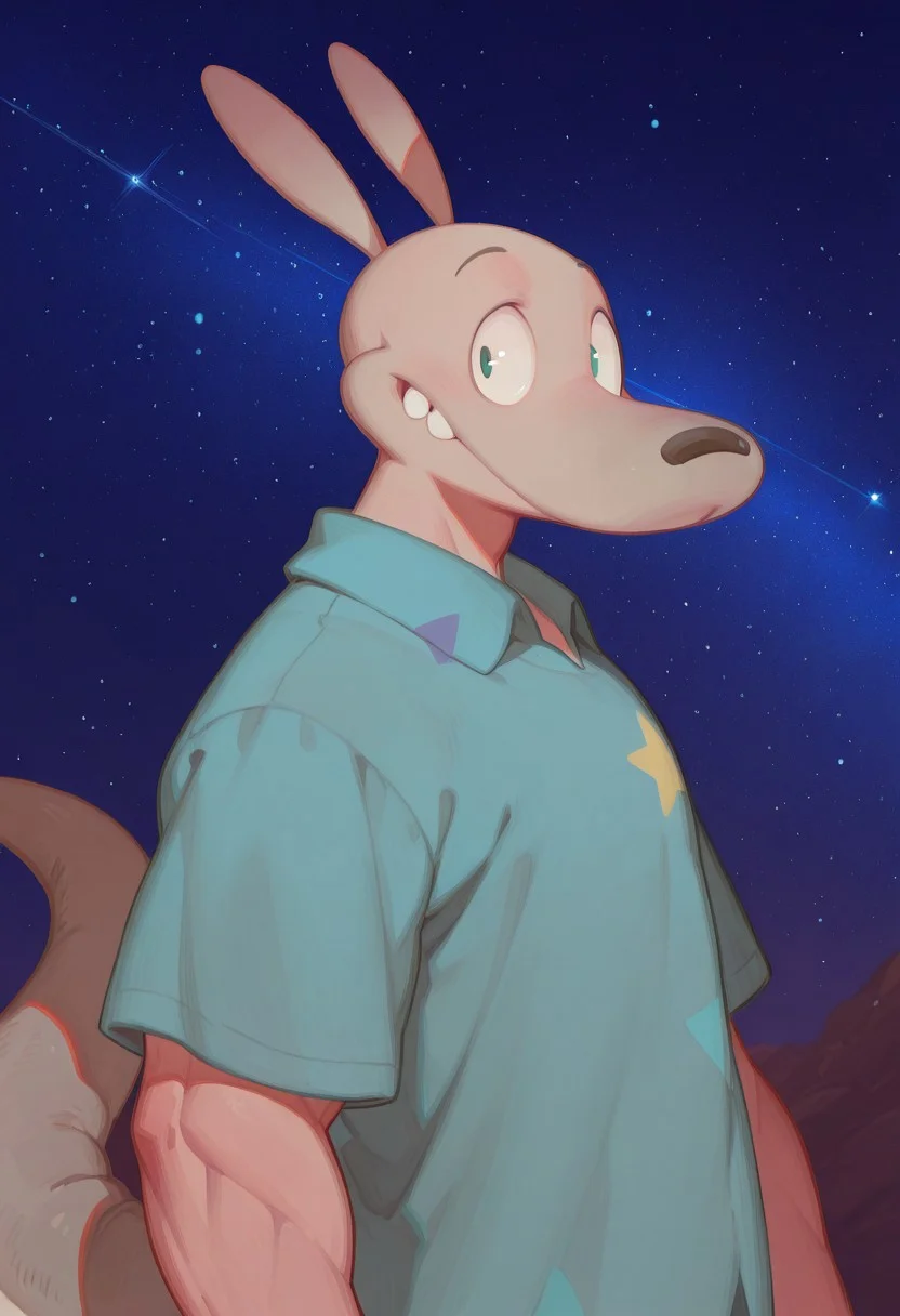 male, males only, male focus, Rocko, tail ( muscular,), looking at viewer, upper body, star (symbol), solo, shirt, star (sky), happy, F3n6l1, masterpiece, very aesthetic, absurdres