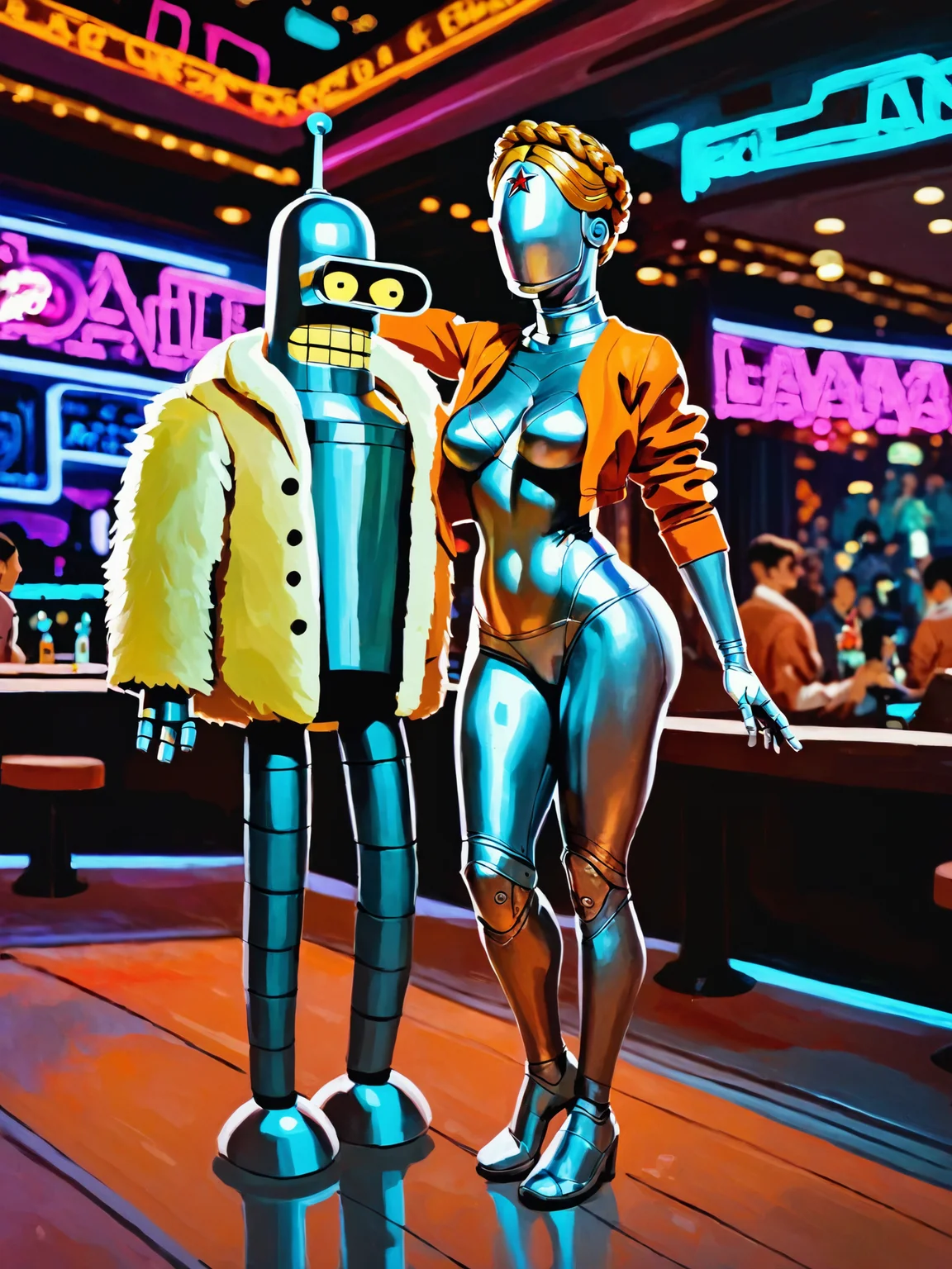 score_9, rating_safe,
[ 2girls, Atomic Heart twins : two metal mannequins : 0.1 ] standing in a casino,
<lora:bender-robot-pony-v1-000004:0.9>
<lora:Concept Art Twilight Style SDXL_LoRA_Pony Diffusion V6 XL:0.7>
BREAK
robot [ : wearing fur coat, jewelery : 0.1 ], pimp, standing in a nightclub
BREAK
score_8_up, score_7_up, score_6_up, score_5_up, score_4_up,
Atomic Heart twin standing in a nightclub