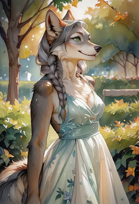 score_9, score_8_up, score_7_up, realistic, slender anthro female wolf, (ears folded back), green eyes, gray fur, furry, fluffy fur, fluffy wolf tail, elegant dress, park, furry hands,  smile ,watercolor \(medium\), traditional media, braided gray hair, gray twin braids