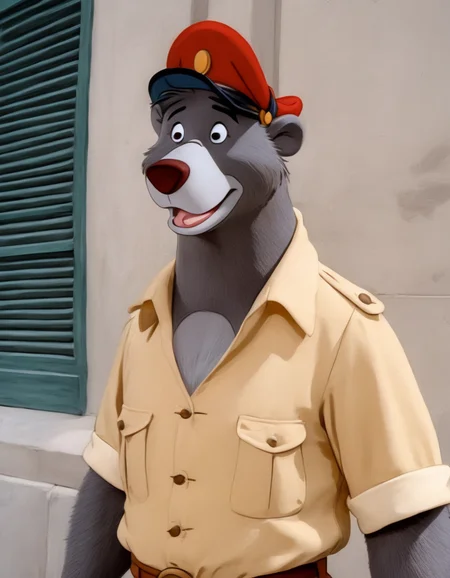 disney style cartoon, <lora:TaleSpin_-_Baloo_2:0.8> 1boy, bear baloo, cartoon, face, furry, hat, male focus, peaked cap, red headwear, solo, yellow shirt, (candy world of disney:1.4),( in art style Picasso:1.2), walking on the street, (comedic photograph of the year), screenshot from the 1983 film,