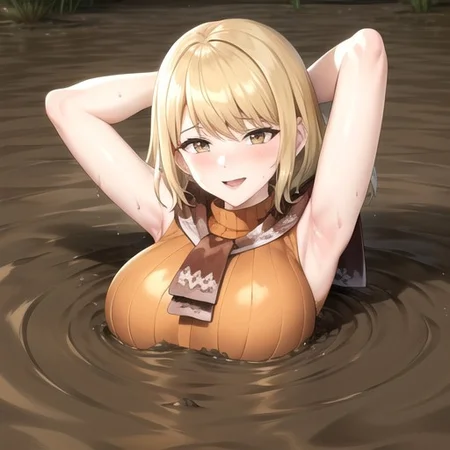 ashley graham, brown eyes, bangs, red scarf, (orange sweater:1.2), sleeveless turtleneck, large breast, partially submerged, in mud, flooding up to the chest, upper body, (village:1.5), (mud:1.5), (pov:1.5), (raised eyebrows:1.2), :o, blush, (sinking:1.1), (seductive smile:1.5), , (arms behind head:1.5),