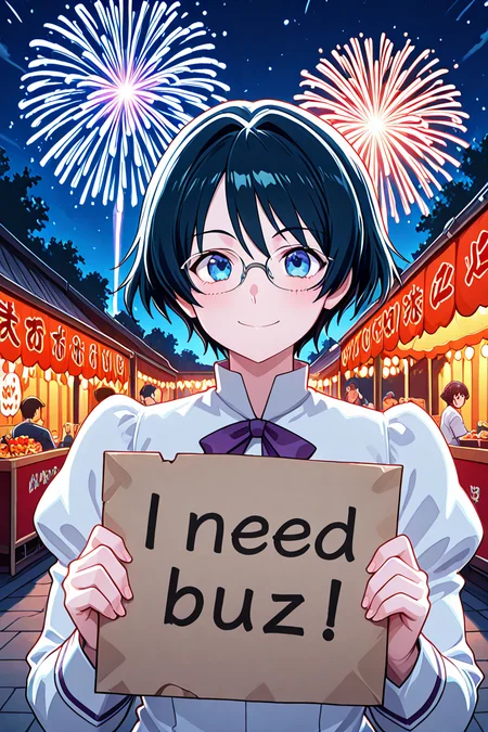 high resolution, gorgeous, absurdres, best quality, anime screencap, source_anime, official art, 1girl
BREAK
White background, smile, outdoors, food stand, festival, fireworks, night, need_buzz, holding sign
BREAK
,yamaku high school uniform,hakamichi shizune, glasses, blue eyes