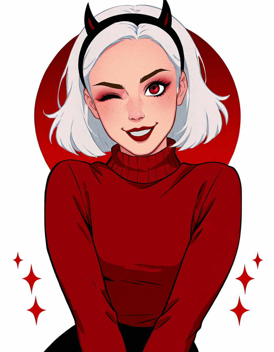 <lora:SabrinaIllustrious1.00JLFO:0.8>Sabrina, 1girl, solo, smile, hairband, white hair, looking at viewer, horns, one eye closed, sweater, short hair, turtleneck, red lips, black hairband, upper body, red eyes, red dress, white background, skirt, makeup, open mouth, dress, black skirt, freckles