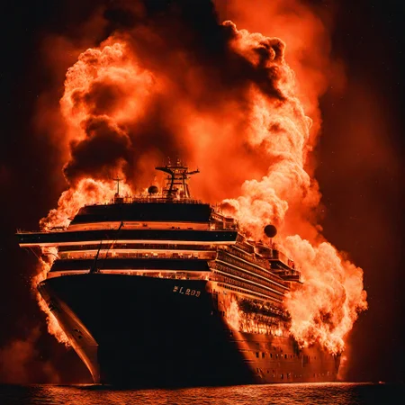 cruise ship silhouette inferno <lora:inferno:1> all over, black background,at night