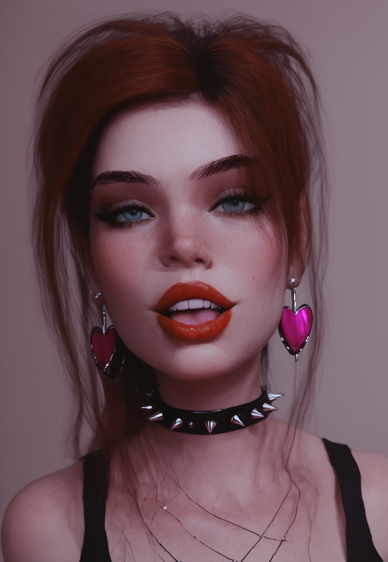 safe_pos, Expressiveh, easynegative, g0thicPXL, Jabstyle, score_9, score_8_up, score_7_up, BREAK, A vibrant, close-up portrait of a SageDikk, playfully sticking out her tongue. Her eyes are half-closed in a mischievous, confident expression, enhanced by thick eyeliner. She wears a bold, spiked black choker around her neck, with metallic spikes gleaming in the soft light. Her style is edgy yet cute, with heart-shaped earrings adding a touch of charm. The background is bright pink, complementing her pastel tones and drawing focus to her playful, rebellious attitude, creating a mix of kawaii and punk aesthetics