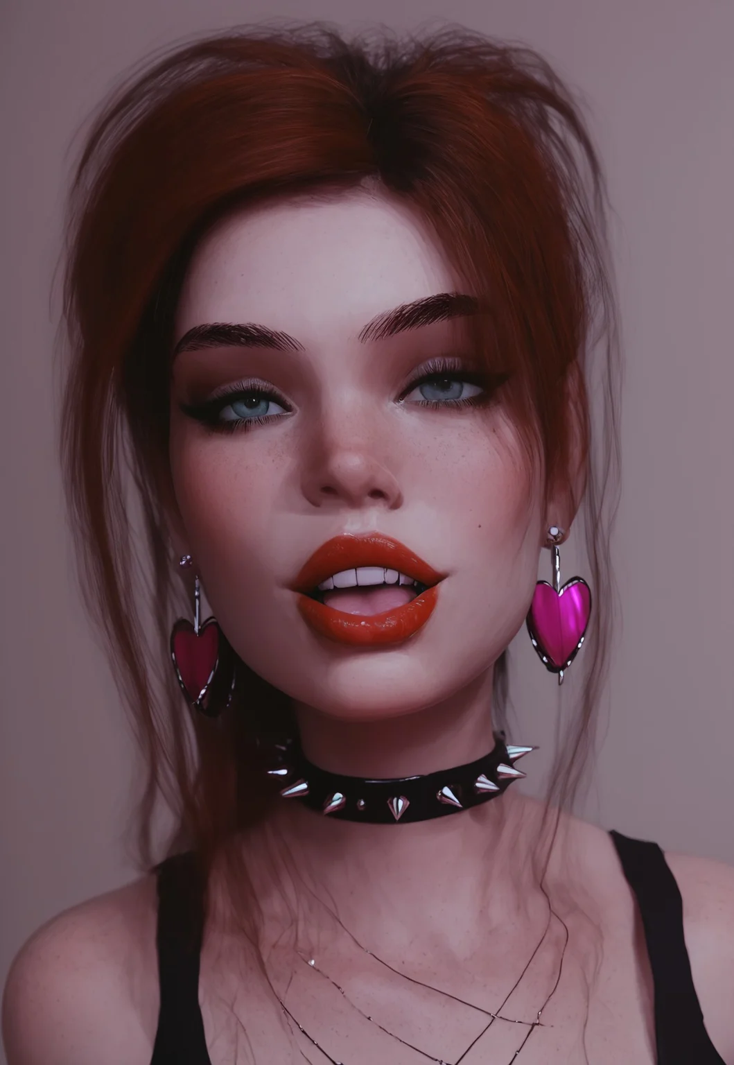 safe_pos, Expressiveh, easynegative, g0thicPXL, Jabstyle, score_9, score_8_up, score_7_up, BREAK, A vibrant, close-up portrait of a SageDikk, playfully sticking out her tongue. Her eyes are half-closed in a mischievous, confident expression, enhanced by thick eyeliner. She wears a bold, spiked black choker around her neck, with metallic spikes gleaming in the soft light. Her style is edgy yet cute, with heart-shaped earrings adding a touch of charm. The background is bright pink, complementing her pastel tones and drawing focus to her playful, rebellious attitude, creating a mix of kawaii and punk aesthetics