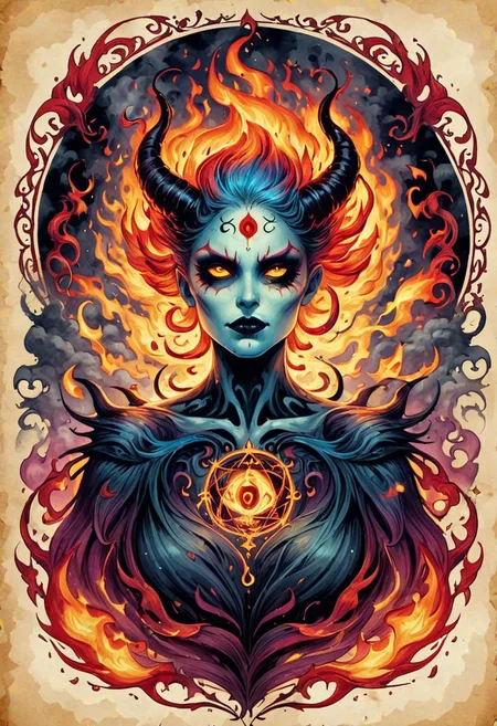 Ink illustration on parchment. Portrait. In a fantasy realm, the spirit of a woman trapped in a half machine demon takes revenge on those they have condemned. Mystic power. mystic color palette. BadDream, DEVIL SPAWN, fire, undead.