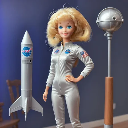 full body shot, <lora:Barbie_Doll_SDXL:1> Barbie wearing an astronaut silver suit, holding astronaut helmet, standing beside a rocket