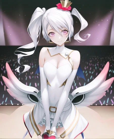 masterpiece,best quality,very aesthetic,absurdres, artist:gomzi,artist:wanke,
1girl,mu (caligula), gradient hair, pink eyes, asymmetrical twintails, mini crown, hair flower, behind-the-head headphones ,
elbow gloves, white gloves, strapless leotard, white leotard, white capelet, multicolored ribbon, low wings, gradient wings, white skirt, object in clothes, detached collar, belt, cleavage,
stage, smile
<lora:tce-mu.noobaixl:1>