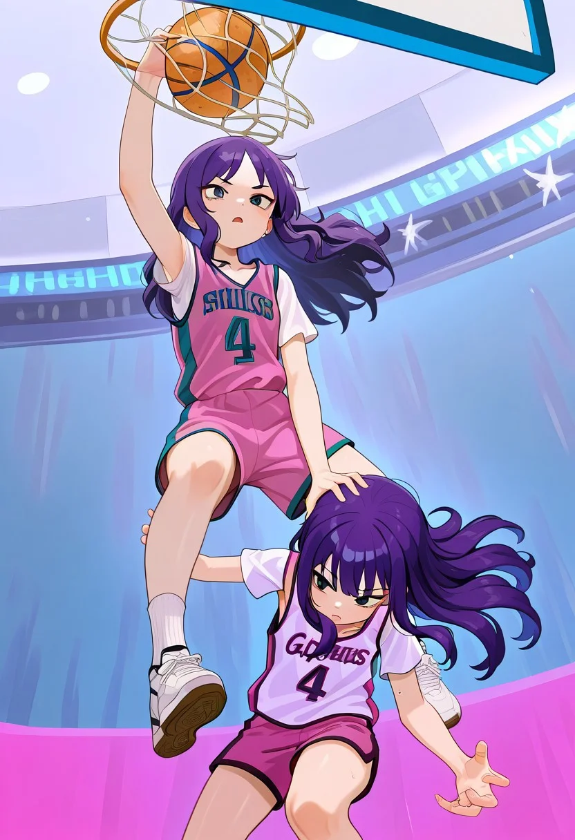 masterpiece, best quality, absurdres, venom_dunking_on_spider-man_(meme), basketball, basketball hoop, 2girls, Orochi_GF, black eyes, Rin_GF, purple hair, long hair, sidelocks, basketball uniform, basketball jersey, pink basketball jersey, sportswear, sleeveless, short sleeves, short sleeves under sleeveless, number print, clothes writing, shorts, pink shorts, short socks, white socks, sneakers, white footwear,