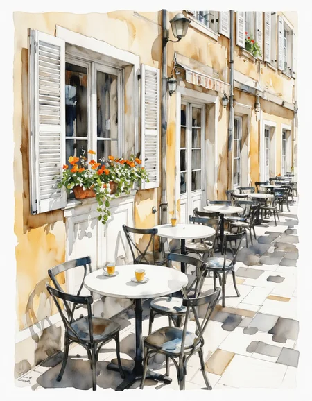 Inkquaria. A watercolor painting of a cozy outdoor cafe scene from a bird's eye view, depicting a warm and inviting atmosphere. the scene is set in a picturesque french village, with a yellow building featuring white shutters and a striped awning, and several potted plants with orange flowers on the windows. in the foreground, there is a round white table with two cups of orange juice on it, surrounded by black metal chairs. The table and chairs are situated in the center of the image, with the table slightly tilted to the left, creating a sense of depth and perspective. the background features a few more tables and chairs, adding to the cozy ambiance of the scene. the colors used in the painting are soft and muted, with shades of beige and white, giving the scene a warm, inviting feel. the overall atmosphere is peaceful and inviting, inviting the viewer to take a break from their day to enjoy a cup of coffee or tea at the cafe.
