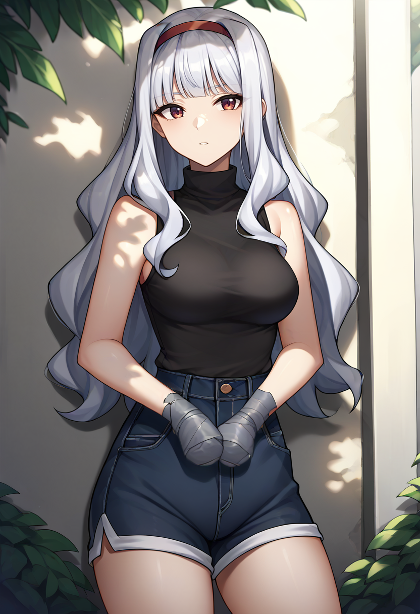 score_9,score_8_up,score_7_up,score_6_up,score_5_up,score_4_up,
1girl, shijou takane, long hair, hairband, sleeveless turtleneck, black turtleneck, shorts, medium breasts,
solo, cowboy shot, outdoors, dappled sunlight, against wall, leaf, looking at viewer, 
taped fingers, 
<lora:tapedhandsmerge2:1>