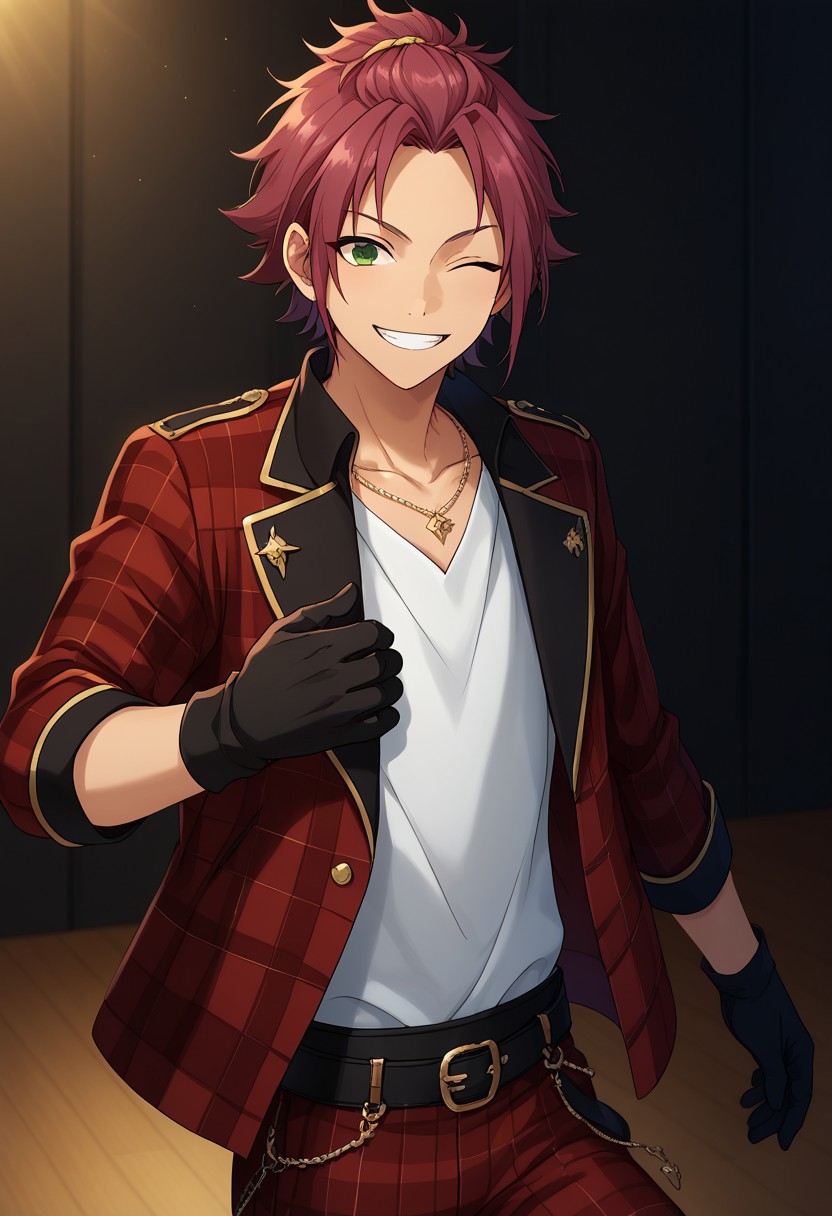 score_9, score_8_up, score_7_up, source_anime, highly detailed, 
maoisara, 1boy, male focus, one eye closed, solo, smile, gloves, green eyes, black gloves,
jewelry, necklace, upper body, plaid, plaid pants, 
grin, pants, looking at viewer, purple hair, trickstar red uniform, bangs pinned back, red jacket, red pants
indoor, stage