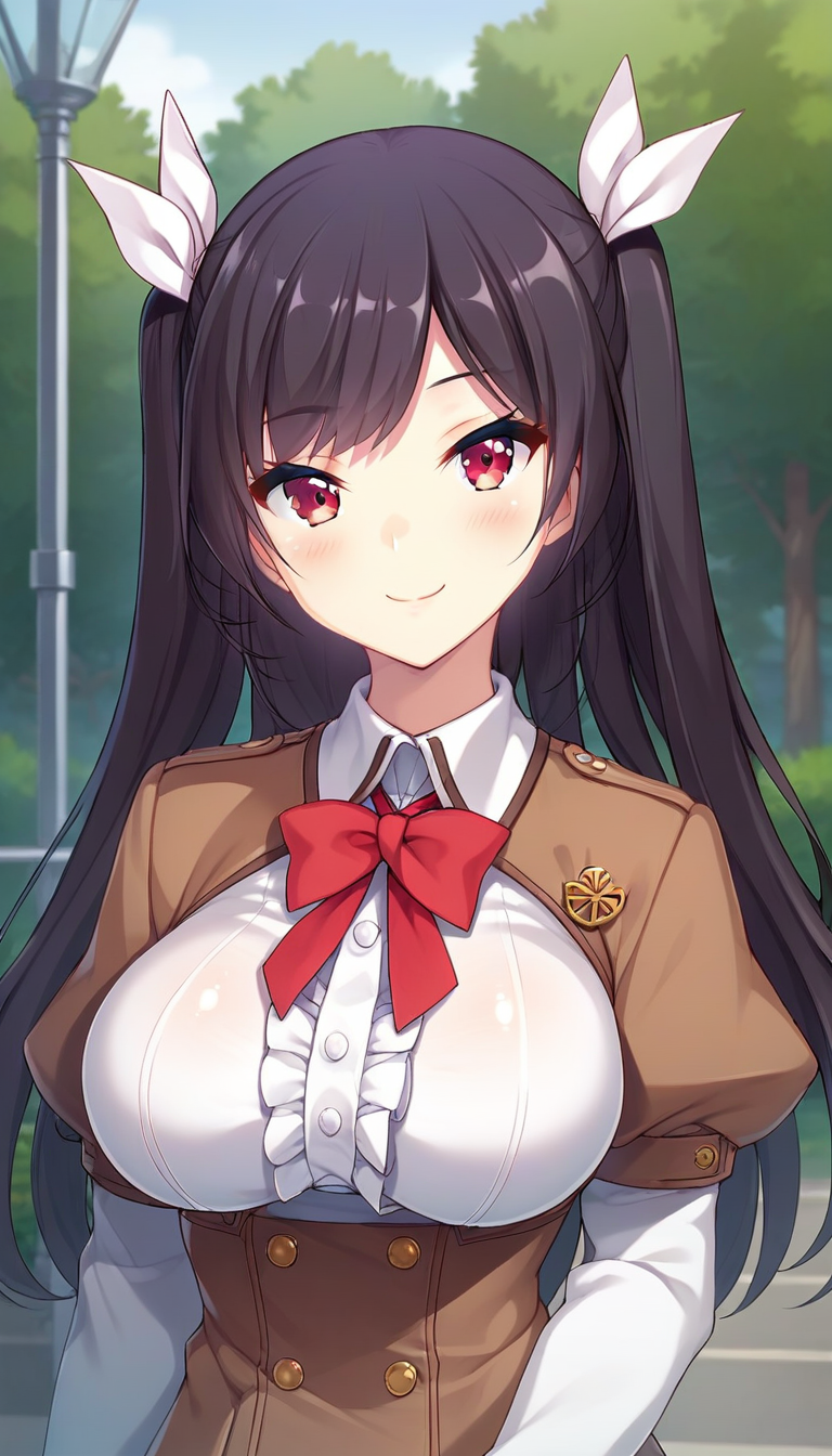 score_9,score_8_up,score_7_up,score_6_up BREAK official art,solo,outdoors,upper body,(portrait:1.5),looking at viewer,facing viewer,smile,blush,Takahashi Remi,long hair,black hair,twintails,two side up,hair ribbon,white ribbon,swept bangs,red eyes,school uniform,suspender dress,brown dress,short dress,frilled dress,buttons,red bowtie,white shirt,collared shirt,center frills,long sleeves,puffy sleeves,juliet sleeves,white gloves,large breasts,underbust,pleated skirt,zettai ryouiki,white thighhighs,loafers,<lora:Takahashi Remi(fyps)-Pony:1.4>,