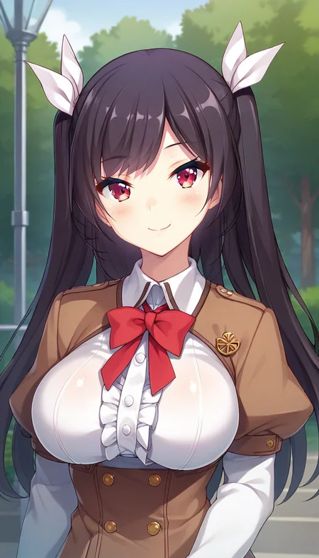 score_9,score_8_up,score_7_up,score_6_up BREAK official art,solo,outdoors,upper body,(portrait:1.5),looking at viewer,facing viewer,smile,blush,Takahashi Remi,long hair,black hair,twintails,two side up,hair ribbon,white ribbon,swept bangs,red eyes,school uniform,suspender dress,brown dress,short dress,frilled dress,buttons,red bowtie,white shirt,collared shirt,center frills,long sleeves,puffy sleeves,juliet sleeves,white gloves,large breasts,underbust,pleated skirt,zettai ryouiki,white thighhighs,loafers,<lora:Takahashi Remi(fyps)-Pony:1.4>,