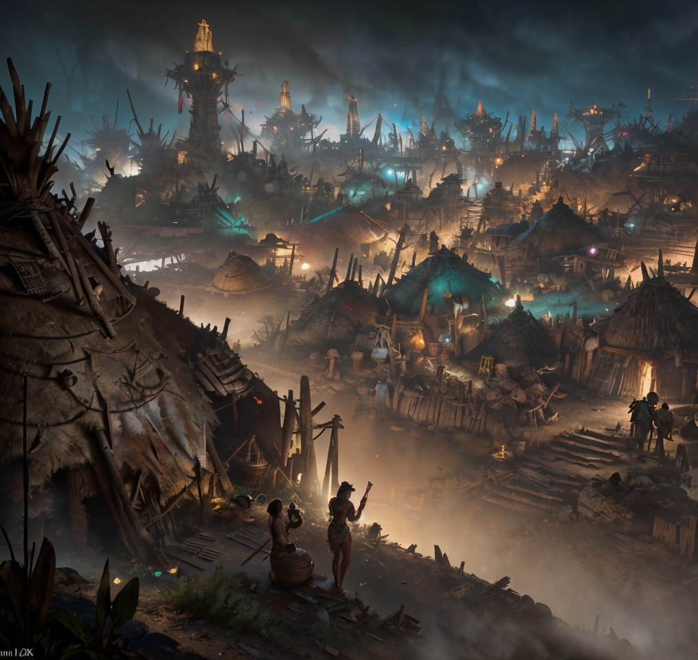 RAW photo, (masterpiece:1.3), subsurface scattering, heavy shadow, (high quality:1.4), (intricate, high detail:1.2), professional photography, HDR, High Dynamic Range, realistic, ultra realistic, photorealistic, high resolution, film photography, ambient lighting, atmospheric effects, <lora:detail_slider_v4:2>, OverallDetail, a small! primitive tribal village with single, small thatched huts in the wasteland, savi, <lora:SavageVillage1:0.95>, style-rustmagic, epiCPhoto